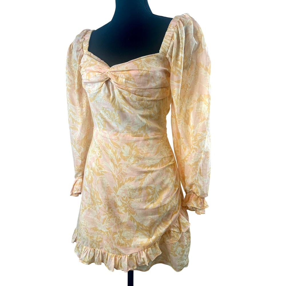 Karlie Peach Yellow Floral Damask Puff Sleeve Ruched Ruffle Mini Dress S K2200